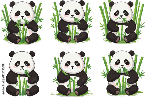 Cute cartoon pandas eating bamboo, playful animal illustration, wildlife art, green forest background, stock vector