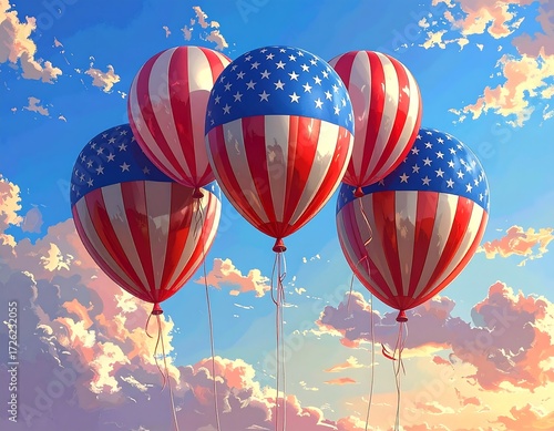 Patriotic balloons floating in a vibrant sky