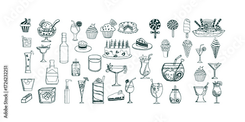 Elegant hand drawn ink line sketches of food, wine and champagne elements perfect for weddings, restaurant menus, parties, and fine dining themes in artistic style