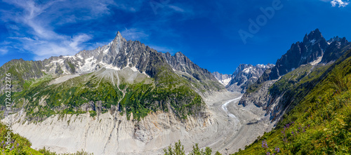 Mountain landscape of the Alps in Chamonix valley, France high resolution wide angle panoramic landscape. Alpine scenery in summer sunny weather on Tour du Mont Blanc, TMB trekking route