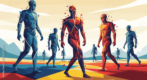 Stylized Human Figures Walking in a Group.