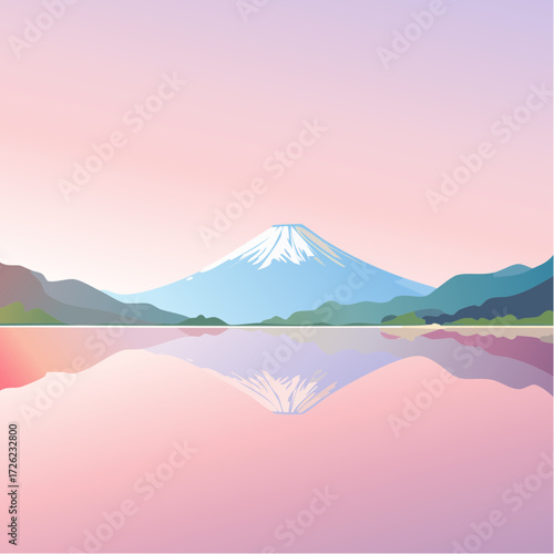 雪を被った冬の富士山と日の出と湖の風景のベクターイラスト