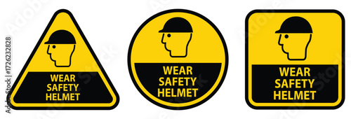 Safety helmet warning signs in three distinctive shapes and formats