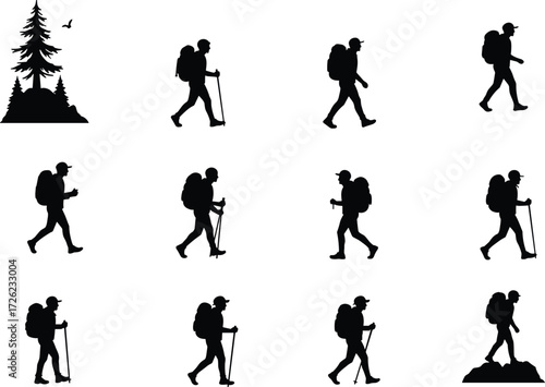 Hiking silhouette, outdoor adventure, trekking poses, backpacker walking, nature exploration, black and white, physical activity, wilderness