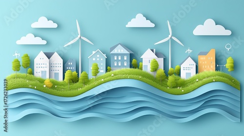 Paper - cut Style Sustainable Community with Wind Turbines, Houses, Trees and Waves