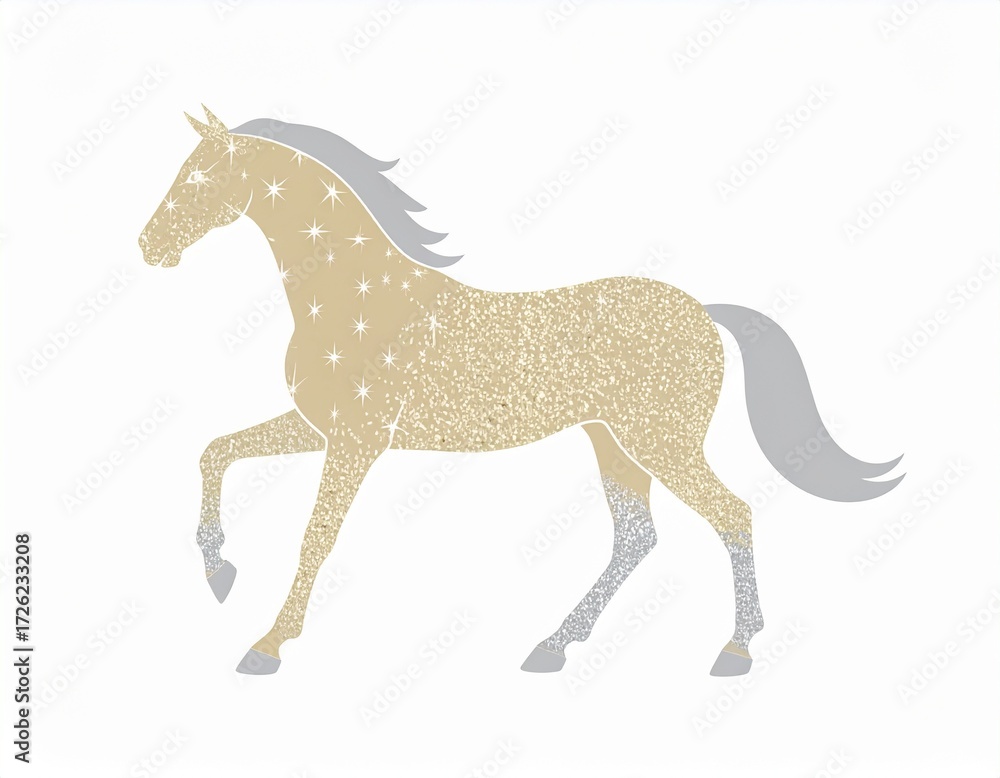 Obraz premium Horse silhouette illustration in soft yellow and greige with gold and silver accents for stock design