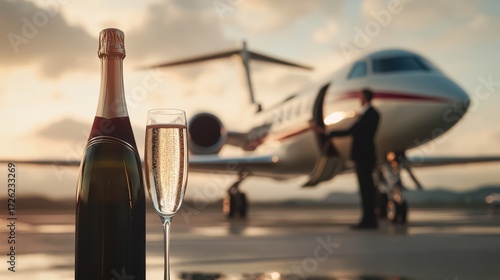 travel experience portrayed with a private jet on the runway, a five-star hotel reservation, and a butler offering champagne, on blurred background