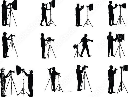 Photographer silhouettes, camera tripod, studio lighting, photo shoot, black vector icons, professional photography, equipment setup scenes