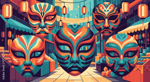 Vibrant Masks Displayed in a Festive Street Setting.