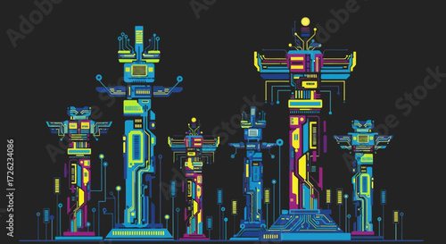 Vibrant Neon Totem Poles Illuminated in a Dark Setting with Geometric Patterns.