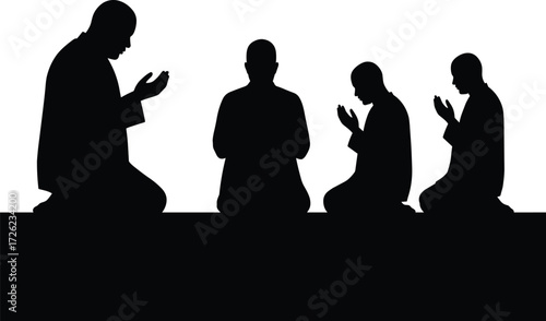 Prayer silhouettes, kneeling figures, spiritual devotion, meditation pose, religious unity, worship illustration, faith, vector bundle, calm