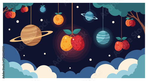 Whimsical Fruits and Planets Hanging in a Dreamy Night Sky.