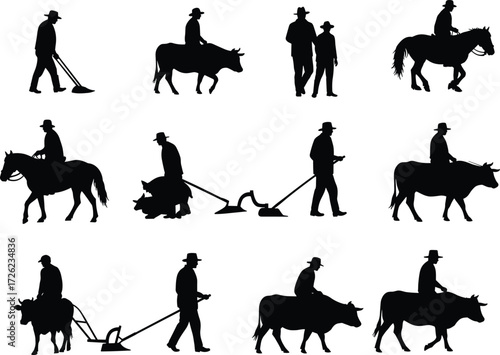 Rural silhouette, farming scene, ox cart, horse rider, agricultural life, traditional work, black and white, countryside
