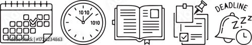 Time Management Icons Calendar Clock Open Book Clipboard and Bell Keywords: time management, icons