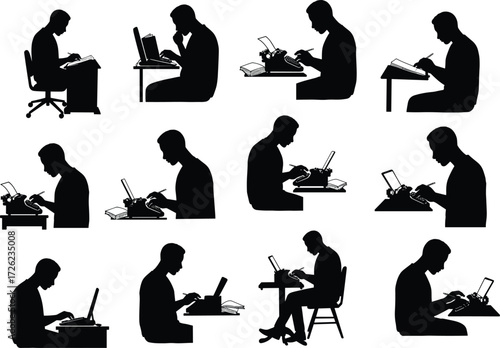 Silhouette of man working on laptop, typewriter, thinking, typing, sitting, writing, office work, freelance job