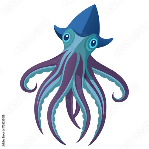 Blue and purple squid with large eyes, fins, and flowing tentacles.