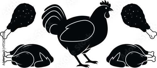 Chicken silhouette vector, fried drumstick icon, roasted poultry illustration, food preparation graphic, culinary meat design, black isolated cooking elements