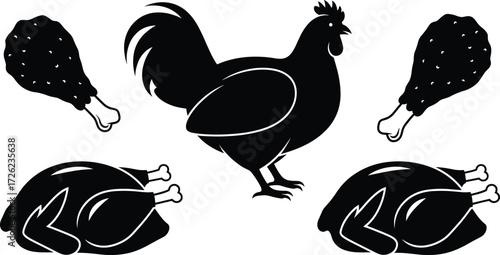 Chicken silhouette vector, fried drumstick icon, roasted poultry graphic, food preparation illustration, black isolated meat elements, culinary cooking design, editable artwork