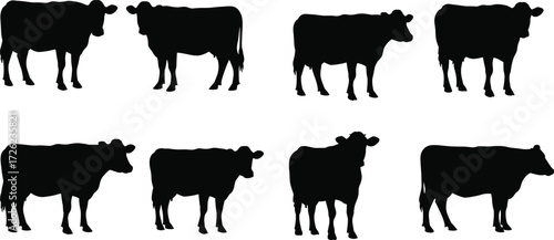 Cow silhouette vector set, farm animal icon collection, livestock graphic pack, black cattle shapes, side profile cows, agriculture illustration bundle