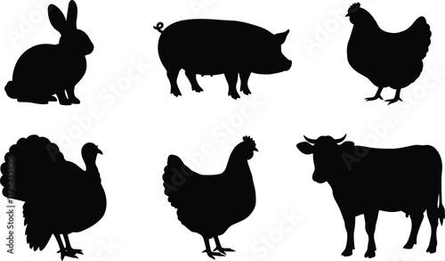 cow, pig, rabbit, turkey, chicken, farm, animal, vector, icon, black, shape, livestock, rural, graphic, silhouette, farm animal, livestock icon, black silhouette, cow shape, pig vector, rabbit icon, 