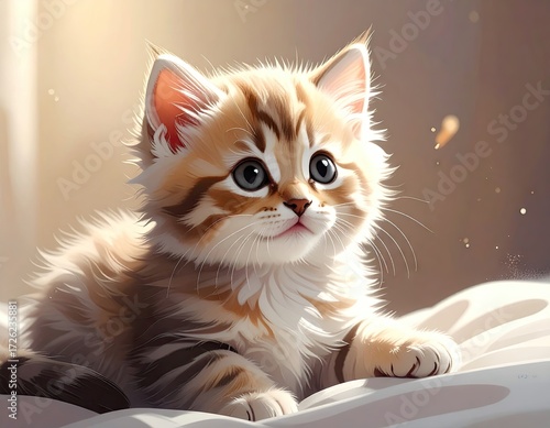 Adorable Kitten Resting on Soft White Bedding in Sunlight