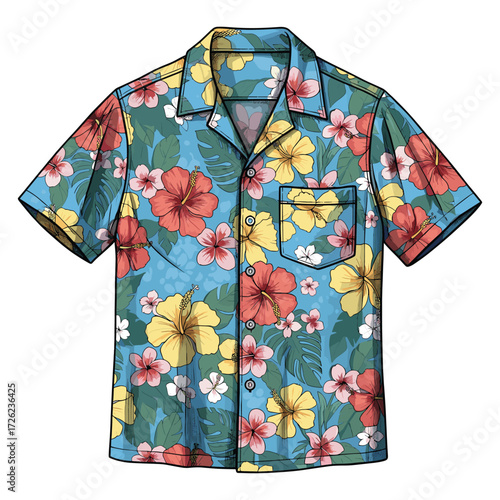 Vector Pattern Hawaiian Shirt with Floral Hibiscus and Leaf Elements in Bright Colorful Style