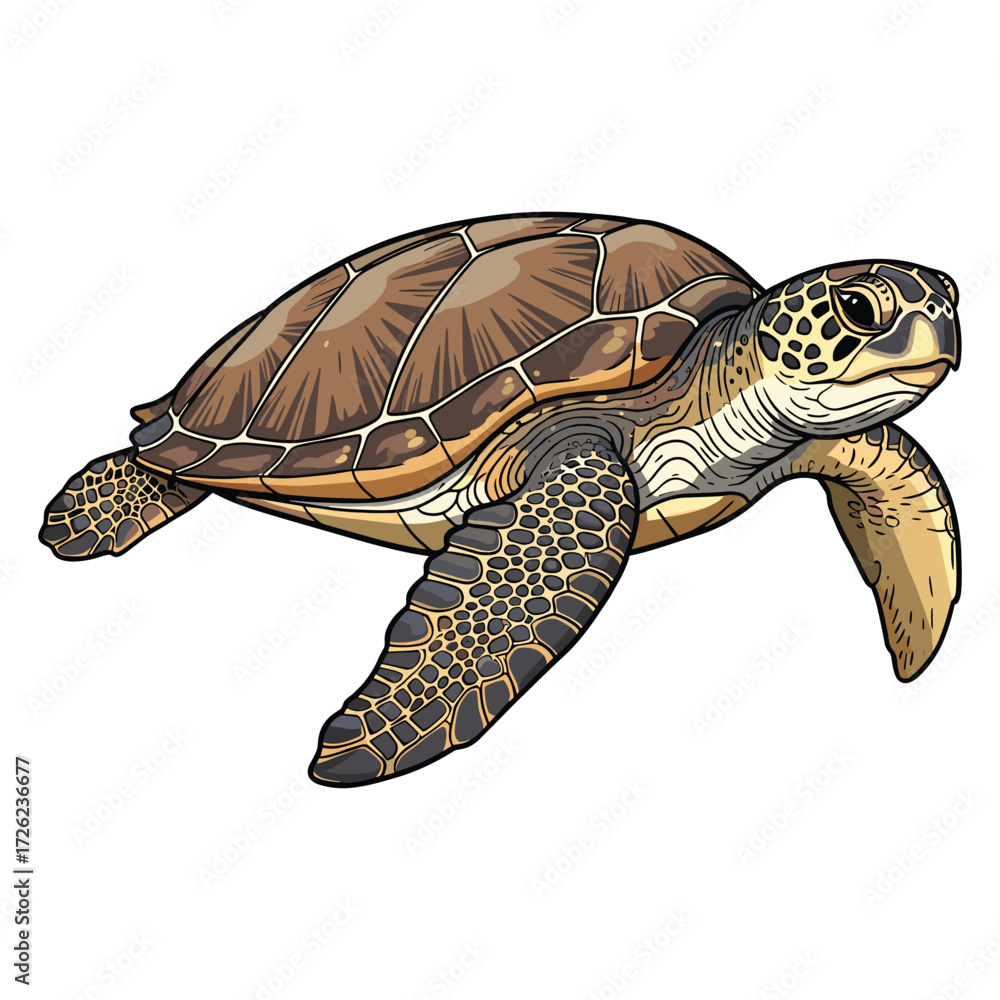 Obraz premium Vector Illustration of a Sea Turtle in Realistic Style Featuring Detailed Shell and Flippers with Natural Brown and Tan Colors for Marine Life and Wildlife Design