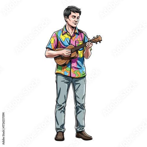 Vector Illustration of Man Playing Guitar in Colorful Shirt in Modern Artistic Style