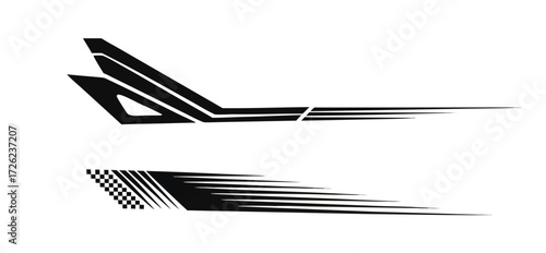 Dynamic black racing stripe designs with speed lines and checkered flag elements for modern vehicle graphics and automotive branding 
