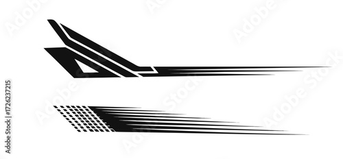Dynamic black racing stripe designs with speed lines and checkered flag elements for modern vehicle graphics and automotive branding 
