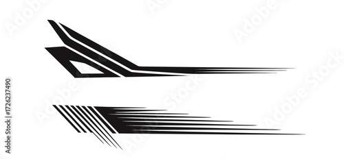 Dynamic black racing stripe designs with speed lines and checkered flag elements for modern vehicle graphics and automotive branding 
