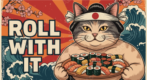 Smiling Japanese Cat with Generous Sushi Platter and Radiant Background - "Roll With It" Design