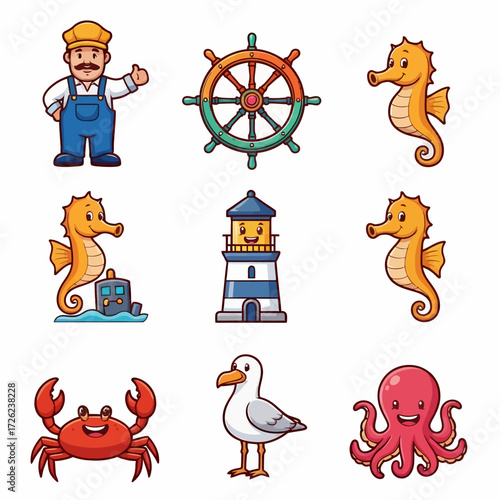Charming nautical collection with happy cartoon characters, perfect for summer vacation designs or children's educational materials, offering a playful, vibrant look
