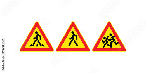 Pedestrian road warning sign vector illustration featuring caution symbol for street safety, traffic alerts, and hazard signage in urban and highway environments
