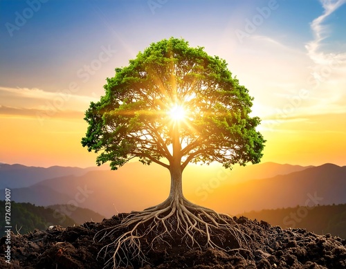 Sunrise illuminates tree atop mountain