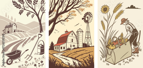 Tools & equipment: watering can, wheelbarrow, pitchfork. Farmer working in fields with baskets, a countryside farmhouse near a windmill, rustic vintage scenery