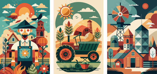 Scarecrow, Tractor machine in the field, agricultural industry structures: barn, windmill, silo, farmhouse, abstract cover designs