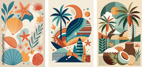 Seashells, starfish, coral pieces, Waves, surfboards, beach, Palm trees, coconuts, tropical leaves, abstract, elegant cover, traveling vacation concept designs