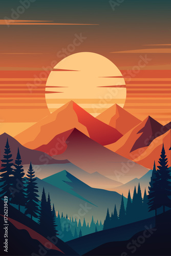 Sun (setting, rising, or bright midday), in a mountain range, abstract design