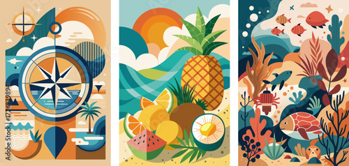 Compass, globe travel destination, pineapple, mango, coconut, watermelon, tropical fruits, Coral reefs & underwater life (turtles, fish), travel relax concept