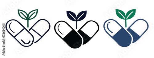Natural medicine icon outline collection or set in black and white 
