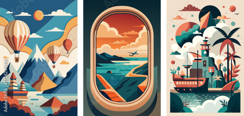 Hot air balloons drifting above the sea, Airplane window view of clouds & coastline, ship docked near tropical island, minimalist abstract designs