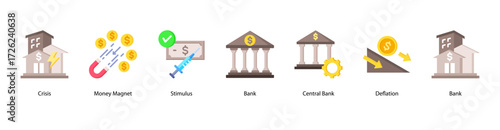 Monetary Authority and Response web banner vector illustration featuring Crisis, Money Magnet, Stimulus, Bank, Central Bank, Deflation, and Recovery.