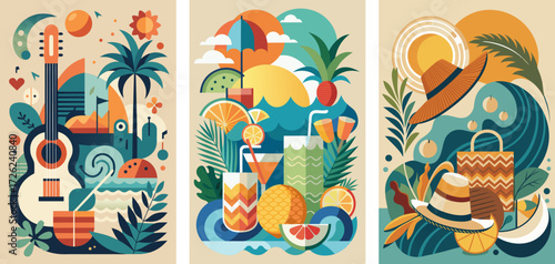 Music, guitar, beach vibe, Tropical cocktails with fruit garnish, Sun hats, straw bags, summer vacation, exotic concept designs
