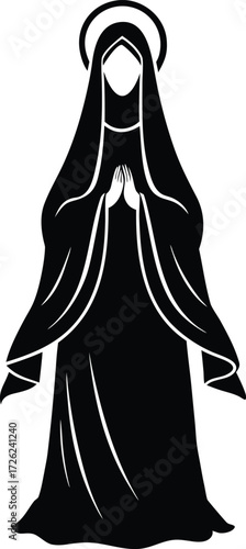 virgin mary standing with halo black silhouette ve.eps