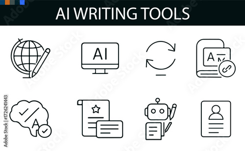 AI Writing Tools Icon Set – Vector Illustrations of Documents, Robots, Pencils, and Global Symbols for Editing, Translation, and Content Creation Projects