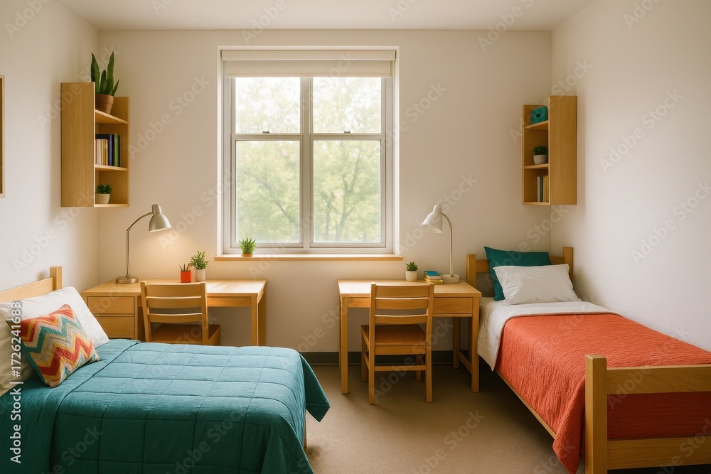 Fototapeta premium Minimal student dorm room for two with twin beds study desks and sunny window