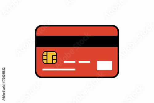 Cartoon illustration of a red credit card with a gold chip and a magnetic stripe with a black border on a white background.