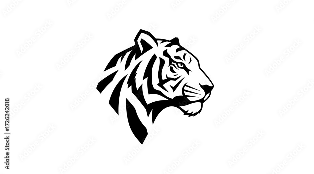 Fototapeta premium A black and white tiger head looking right flat illustration