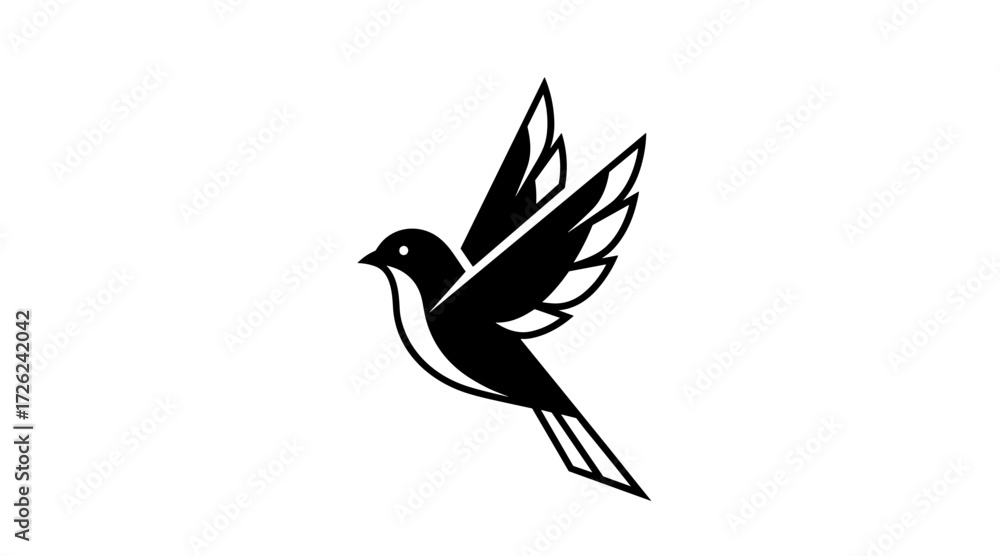 Naklejka premium Black and white bird flying with wings spread flat illustration